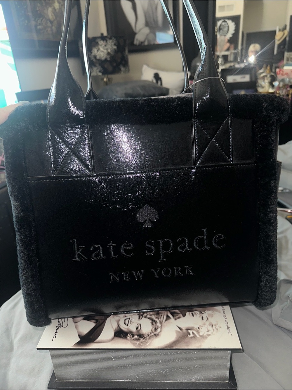 kate spade Black Faux Fur-Trim Patent Tote
